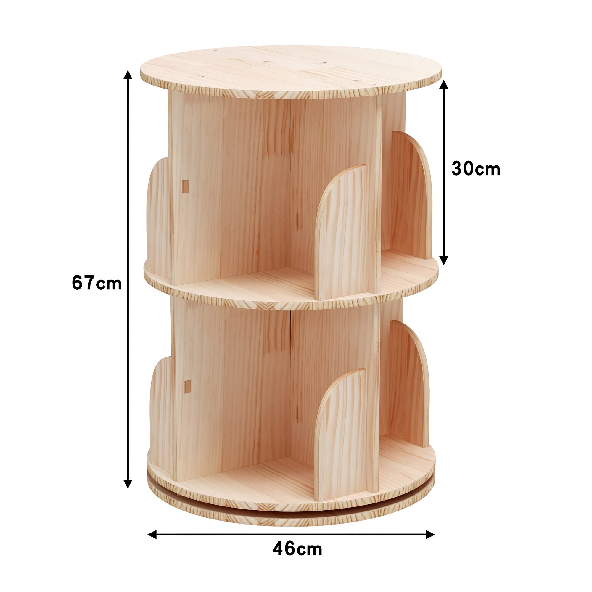 INTEXCA & DESIGN 2 Tier Rotating Bookshelf, 360° Solid Wood Rotating Stackable Shelves Bookshelf Organizer for Home, Bedroom, Office_IntexcaUS