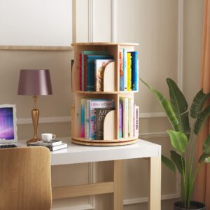 INTEXCA & DESIGN 2 Tier Rotating Bookshelf, 360° Solid Wood Rotating Stackable Shelves Bookshelf Organizer for Home, Bedroom, Office_IntexcaUS