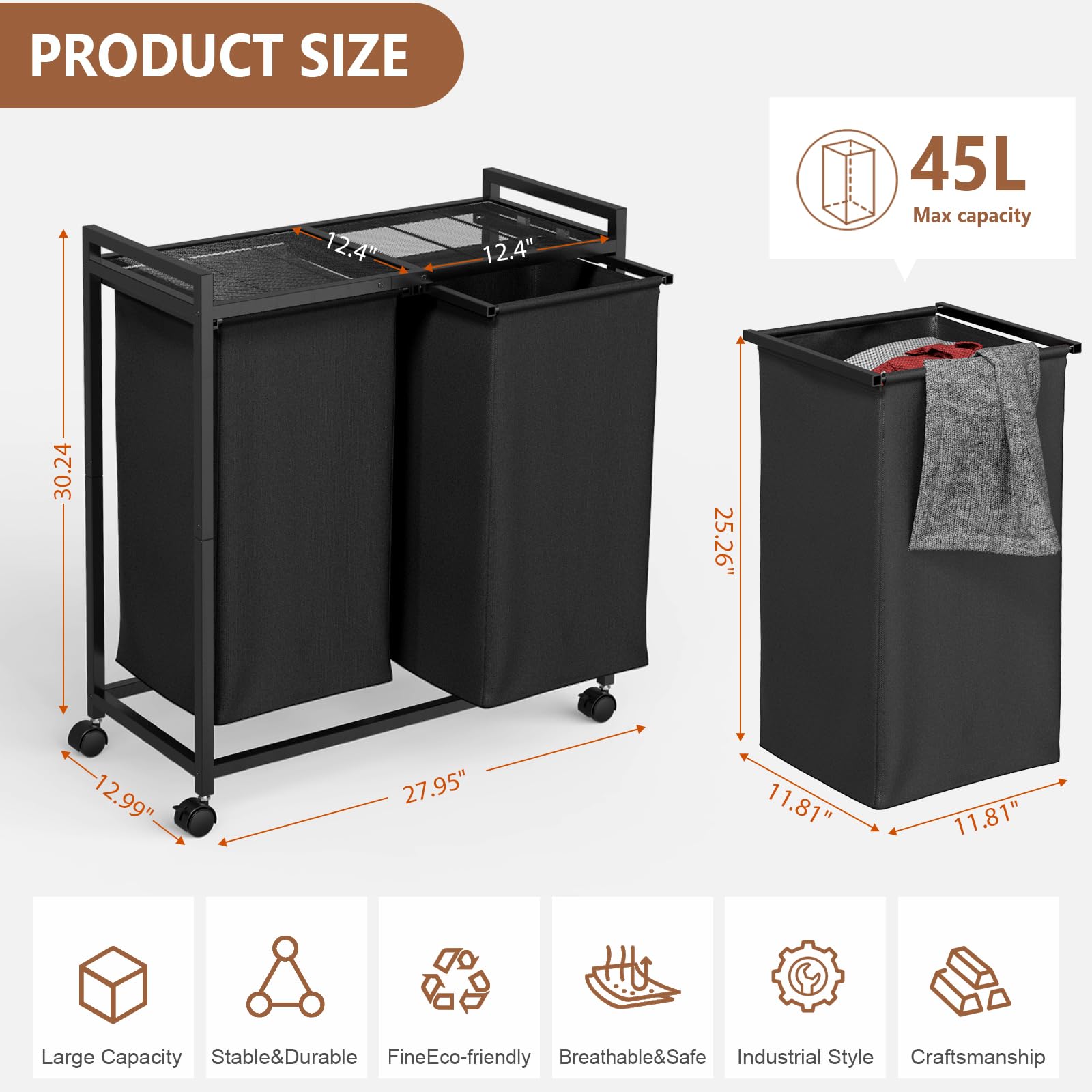 Eslujo Laundry Hamper with Wheels, 90L Large Double Rolling Laundry Basket 2 Section with Metal Top Lid, Laundry Sorter Clothes Hamper Organizer for Laundry Room, Bathroom, Bedroom