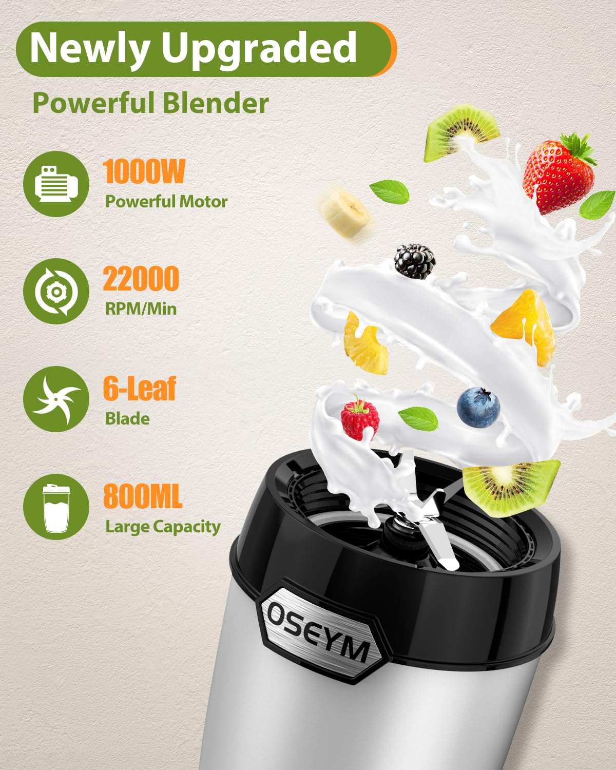 OSEYM Blender for Shakes and Smoothies, Large Size Personal Blenders for Kitchen Max 1000W High Power with Blending and Grinding, Countertop Blenders with 2 * 27 Oz & 10 Oz BPA Free Travel Cup and Lid