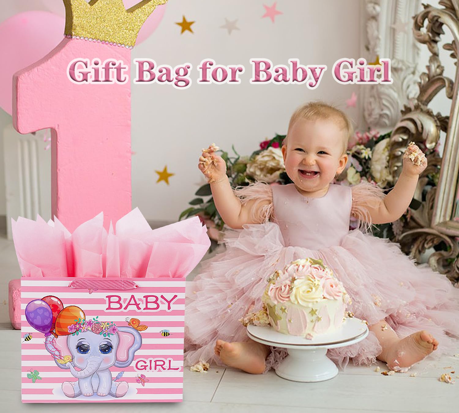 Jaywayang 12.6" Large Baby Girl Gift Bag with Tissue Paper and Greeting Card for Baby Shower, Baby Girl Birthday, New Parents, and More.