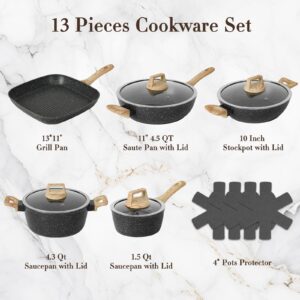 SODAY 13Pcs Pots and Pans Set Nonstick Cookware Sets, Black Granite Induction Cookware Non Stick Cooking Set with Frying Pans & Saucepans(Non PFOS, PFOA)