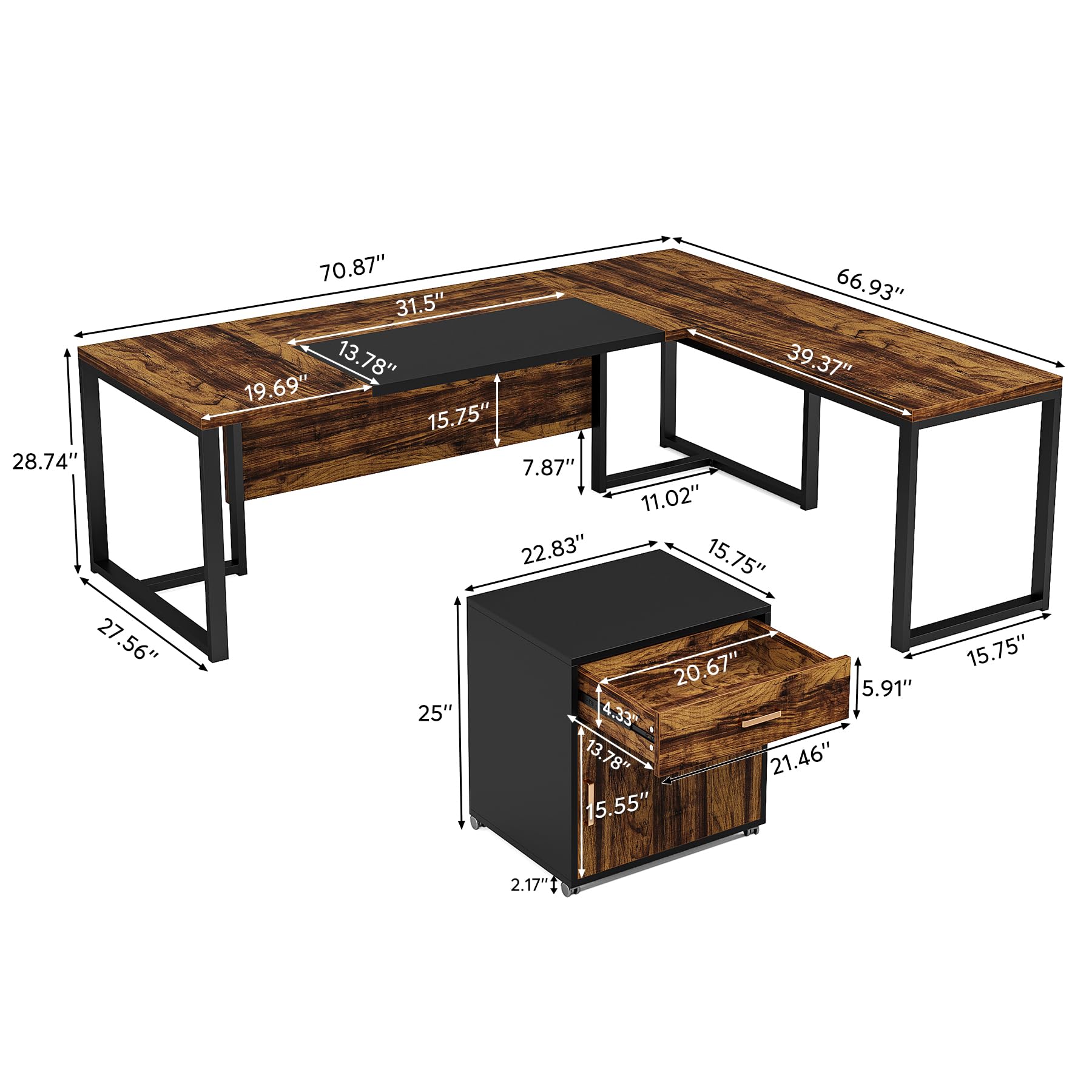 Tribesigns 70.8-Inch Executive Desk with File Cabinet, Large L Shaped Computer Desk with Storage Cabinet, L Shaped Desk with Drawer Cabinet, Rustic Brown & Black