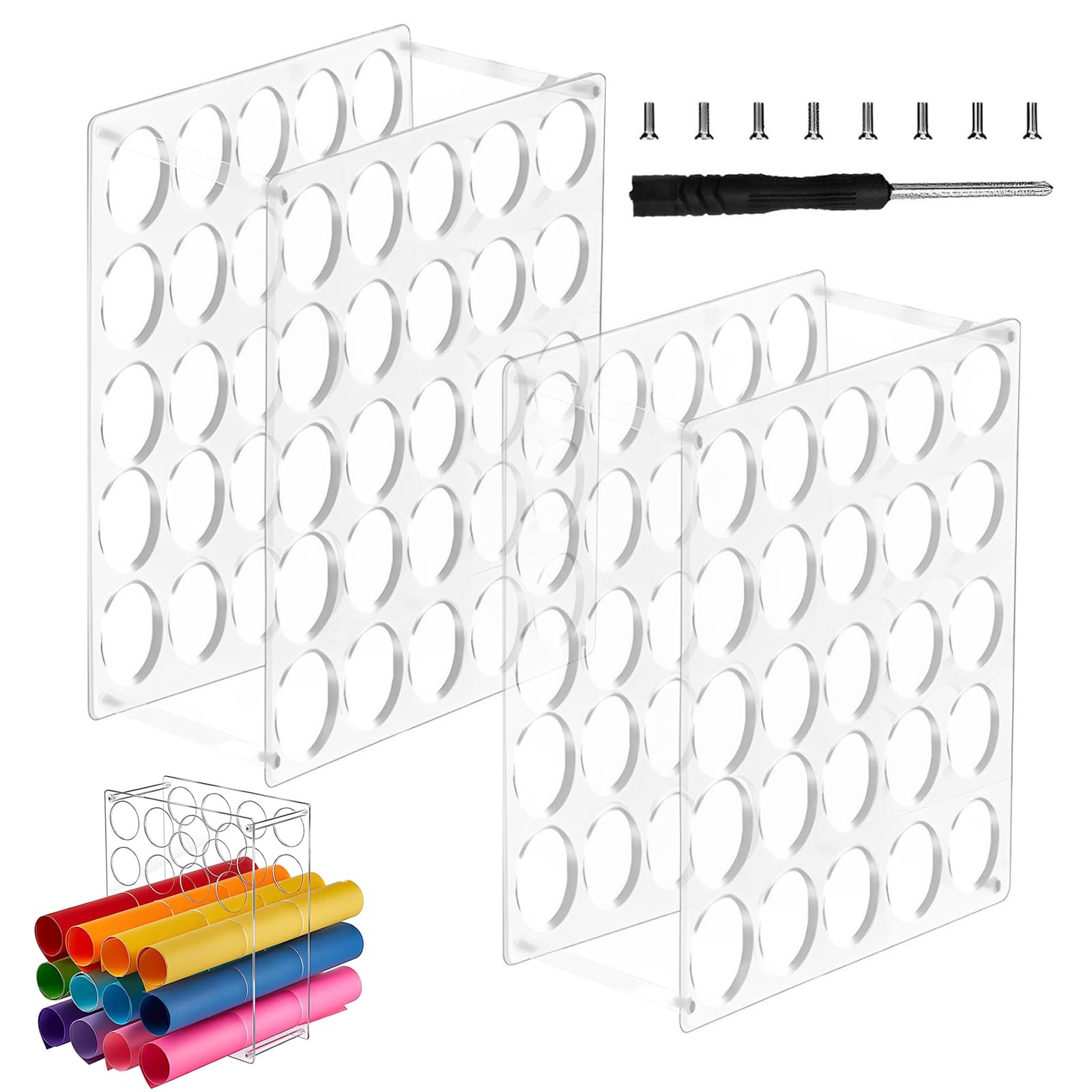 Yowmina 2 Pack Vinyl Roll Holder, 50 Holes Vinyl Storage Organizer, Acrylic Vinyl Storage Rack for Craft Room, Roll Keeper Holders Wrapping Paper Holder for Home Craft Room