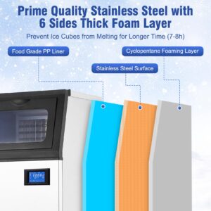 Commercial Ice Maker Machine, Freestanding/Under Counter Stainless Steel Ice Machine, 90Lbs/24 Hour with 30Lbs Ice Storage Capacity, Self Cleaning, Ideal for Restaurant/Bar/Cafe/Shop/Home/Office