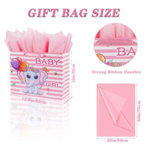 Jaywayang 12.6" Large Baby Girl Gift Bag with Tissue Paper and Greeting Card for Baby Shower, Baby Girl Birthday, New Parents, and More.