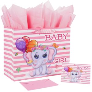 jaywayang 12.6" large baby girl gift bag with tissue paper and greeting card for baby shower, baby girl birthday, new parents, and more.