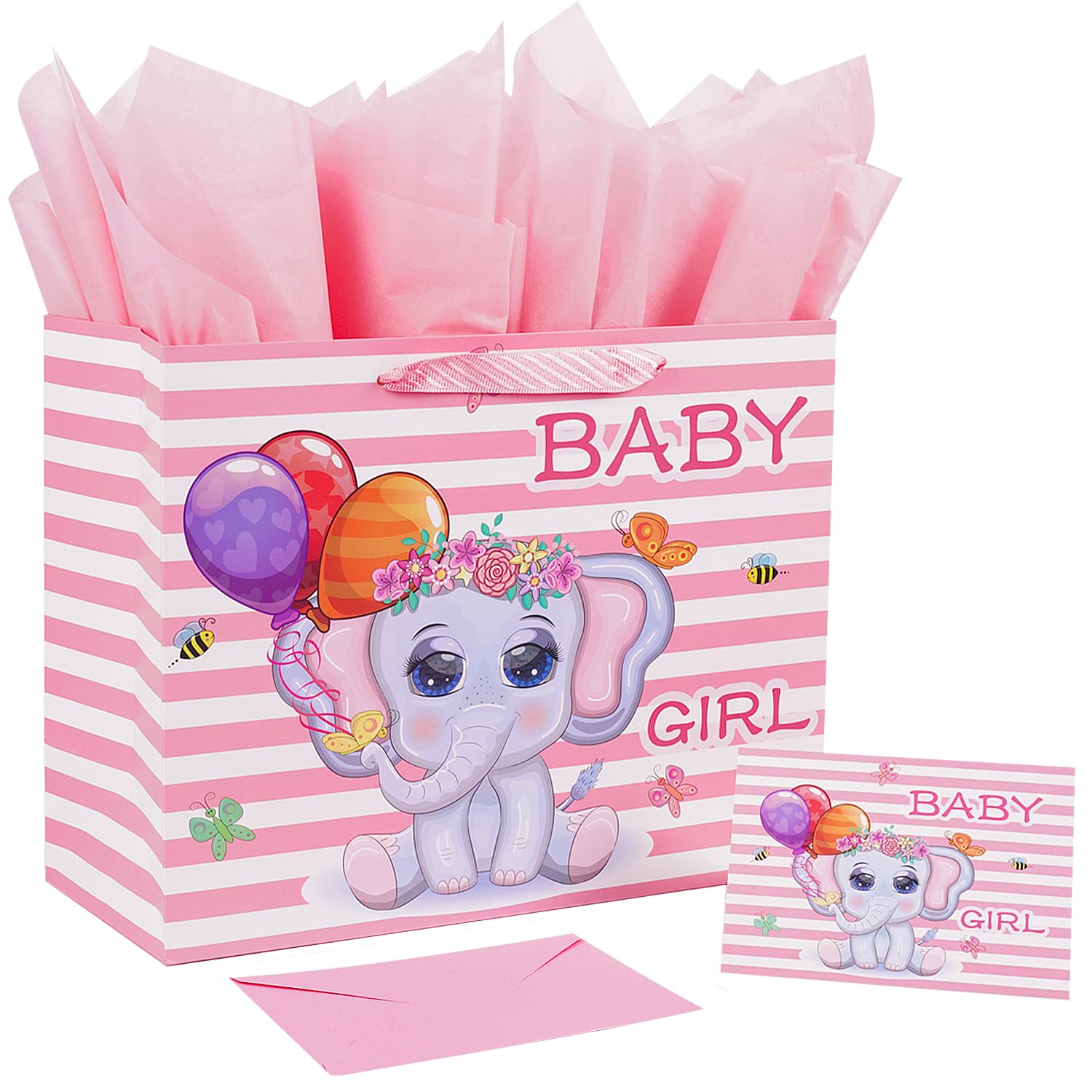 Jaywayang 12.6" Large Baby Girl Gift Bag with Tissue Paper and Greeting Card for Baby Shower, Baby Girl Birthday, New Parents, and More.