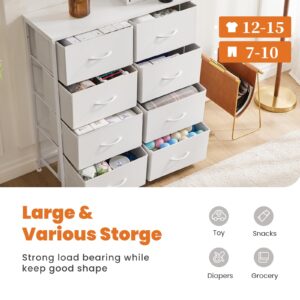 DUMOS Dresser for Bedroom with 8 Fabric Drawers, Tall Chest Organizer Units for Clothing, Closet, Kidsroom, Storage Tower with Cabinet, Metal Frame, Wooden Top, Lightweight Nursery Furniture, White