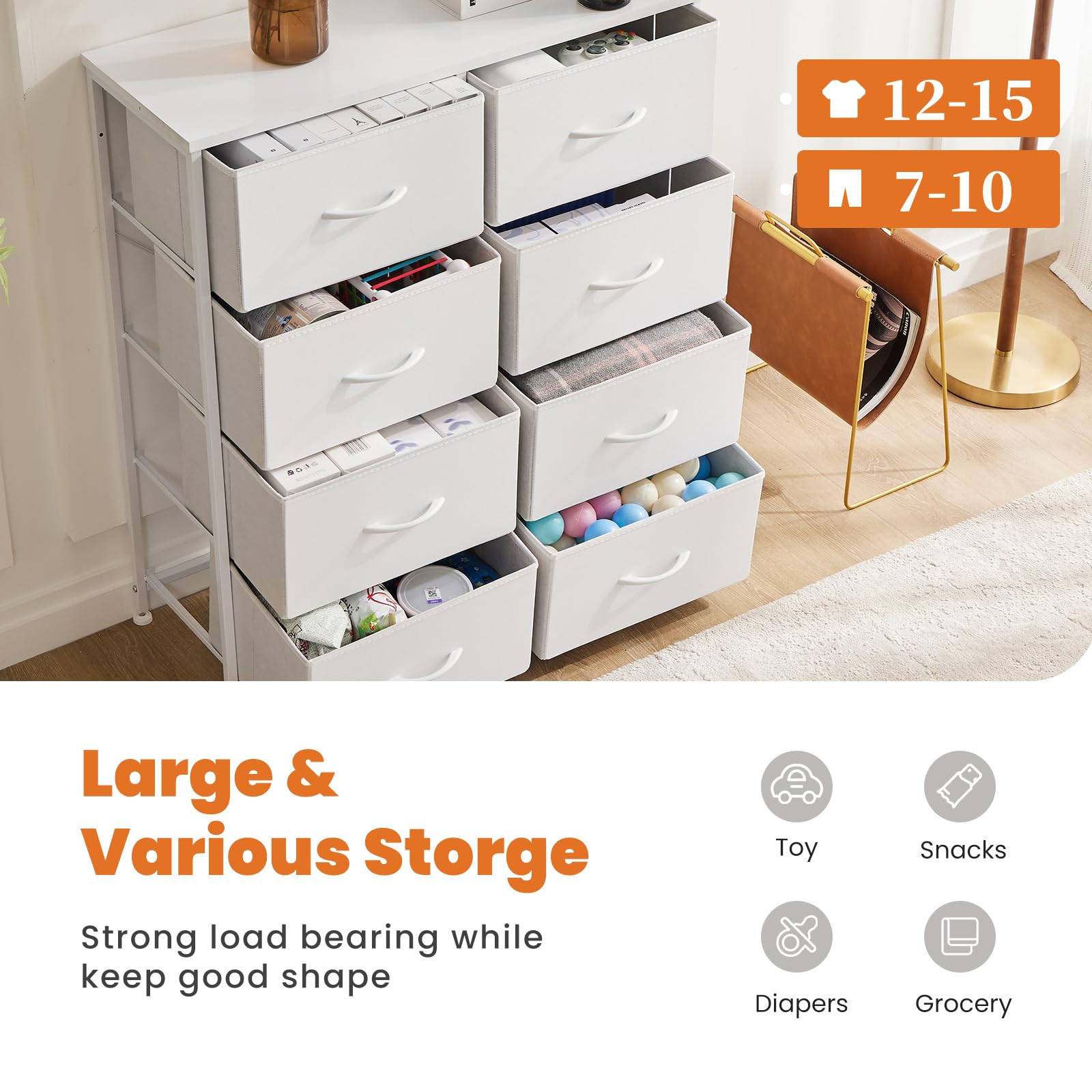 DUMOS Dresser for Bedroom with 8 Fabric Drawers, Tall Chest Organizer Units for Clothing, Closet, Kidsroom, Storage Tower with Cabinet, Metal Frame, Wooden Top, Lightweight Nursery Furniture, White