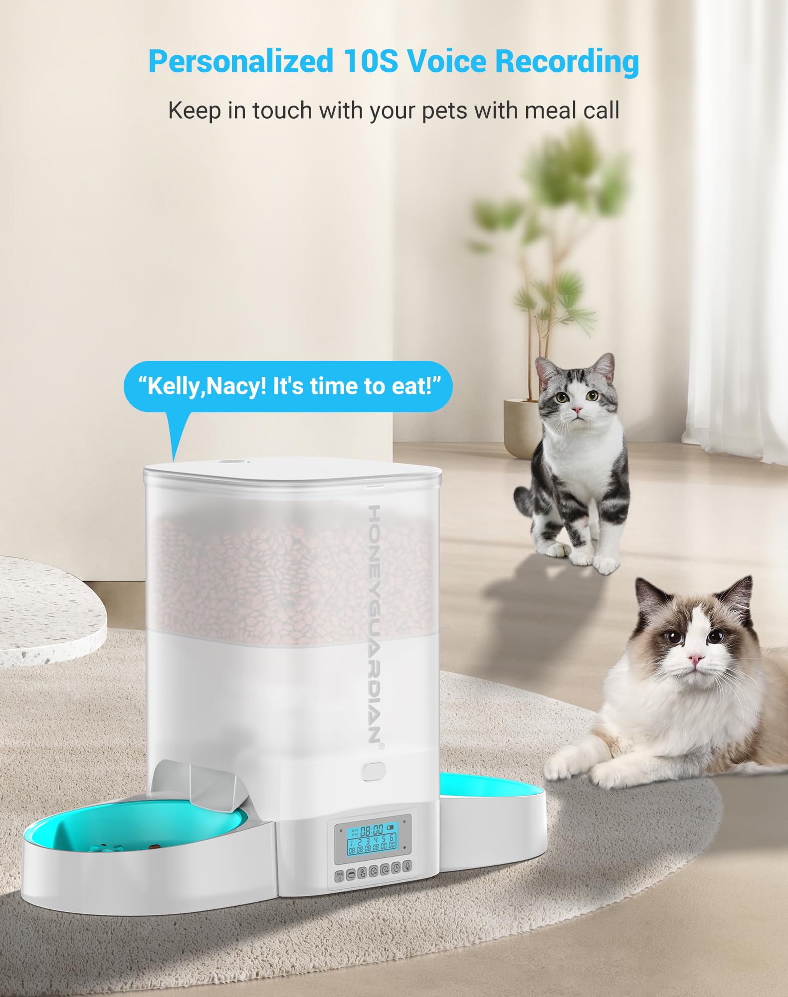 HoneyGuaridan Automatic Cat Feeder for Two Cats,3.5L Cat Food Dispenser with Slow Feeder Bowl,Timed Cat Feeder Programmable 1-6 Meals Control, Dual Power Supply,10s Meal Call White