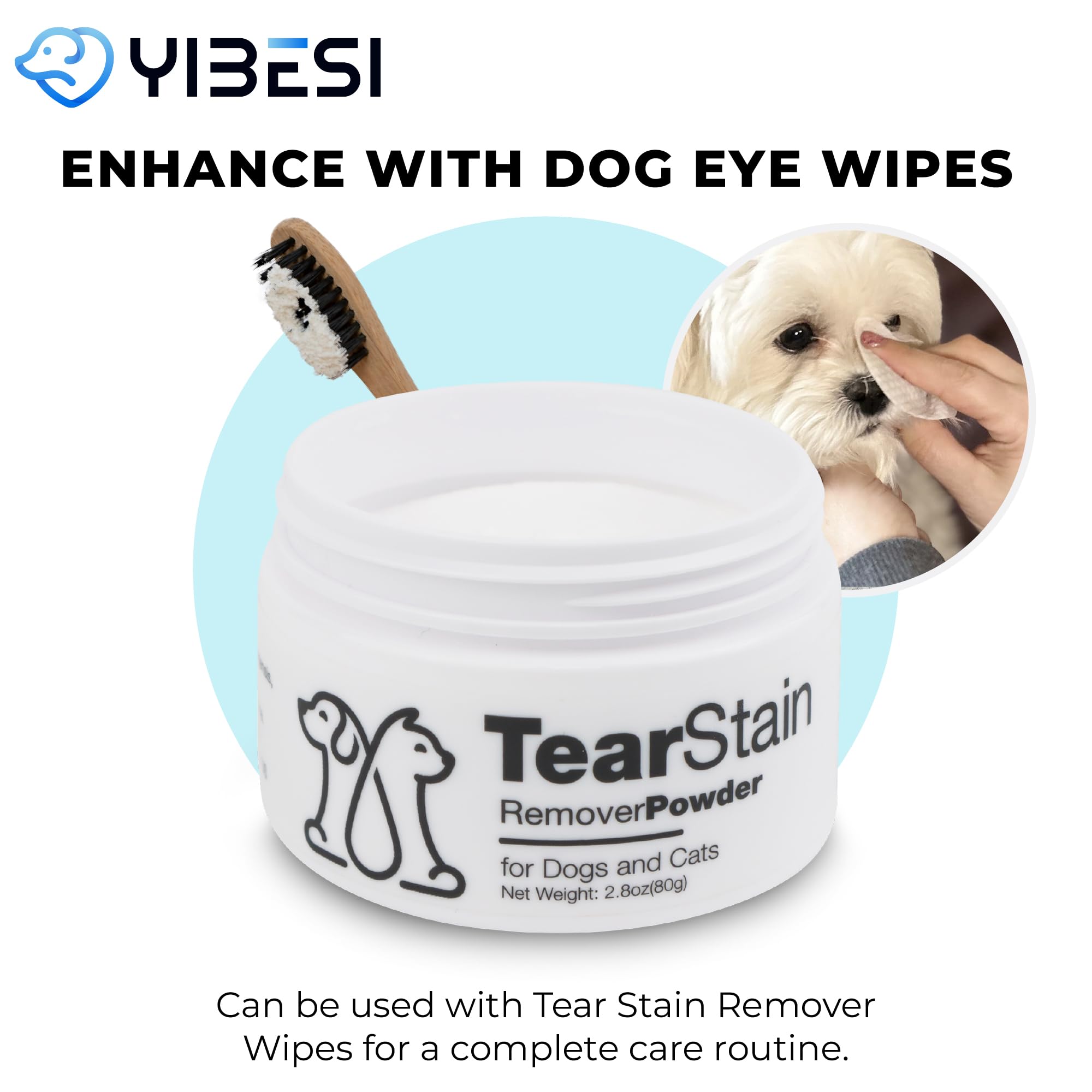 Yibesi Tear Stain Remover Powder for Dogs & Cats - Gentle Formula for Absorbing Tears, Lightening & Preventing Stains - Safe and Effective -2.8 Oz.