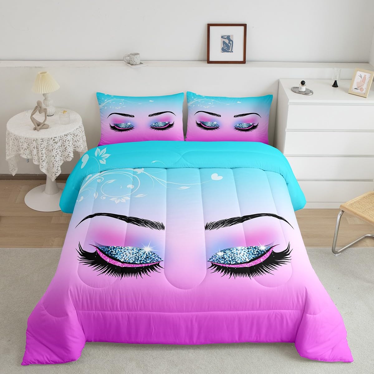 Eyelash Comforter Set Twin for Girls Women Glitter Sparkle Eyelashes Bed Comforter Set Cute Princess Style Bedding with 1 Pillowcase, Eyelashes Beauty Makeup Quilt Romance Room Decor(Pink Blue)