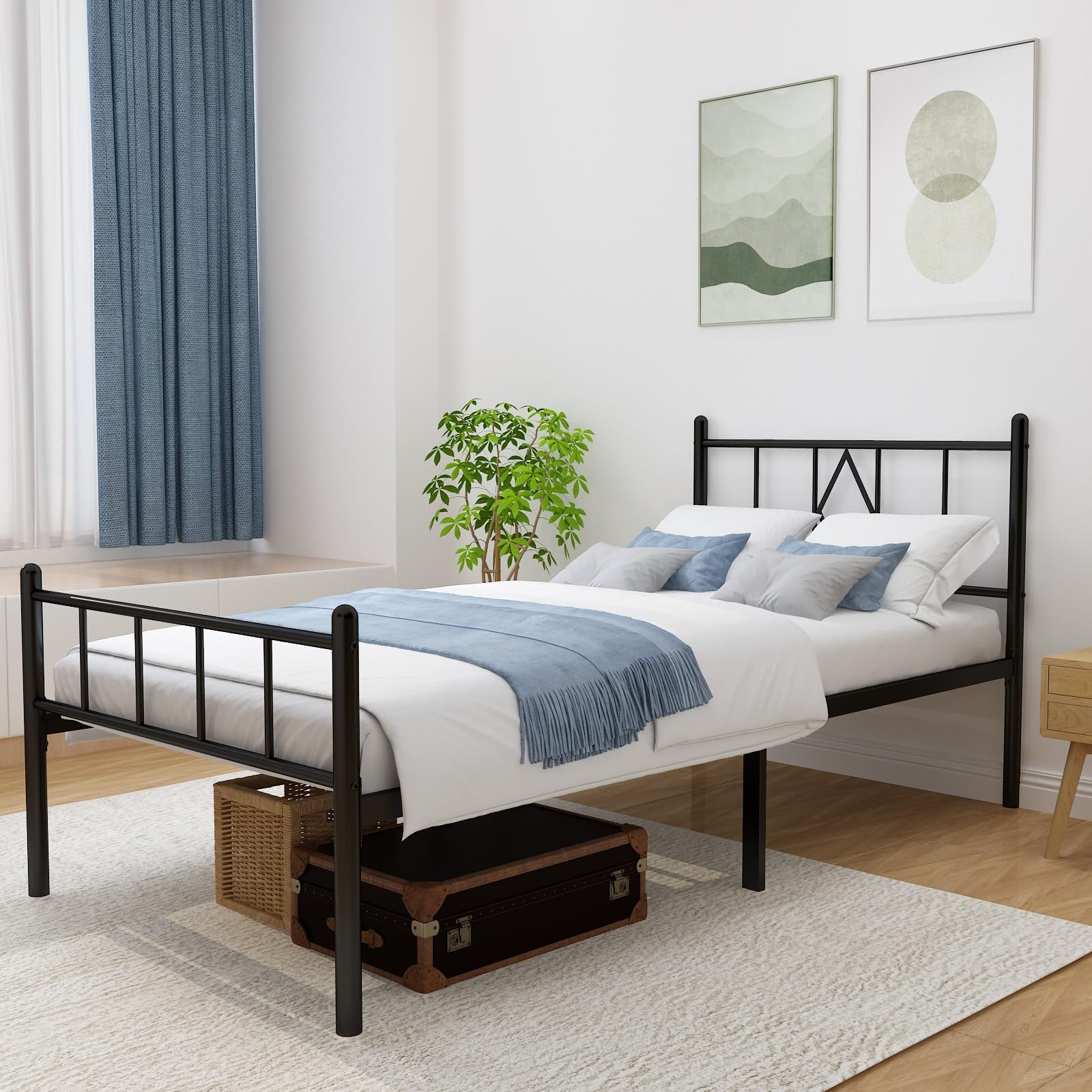 Casaflair Twin Size 14" Height Classic Metal Platform Bed Frame Foundation with Iron-Art Headboard/Footboard/Under Bed Storage/No Box Spring Needed/Heavy Duty Metal Slats Support/Black