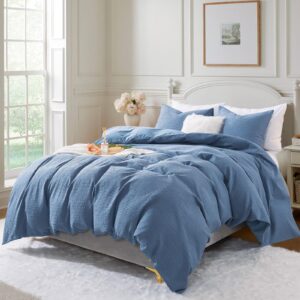 HoneiLife Waffle Weave Comforter Cover - Cotton Duvet Cover Sets Queen Size, Skin Friendly Bedlinen Set for All Season Use- Blue