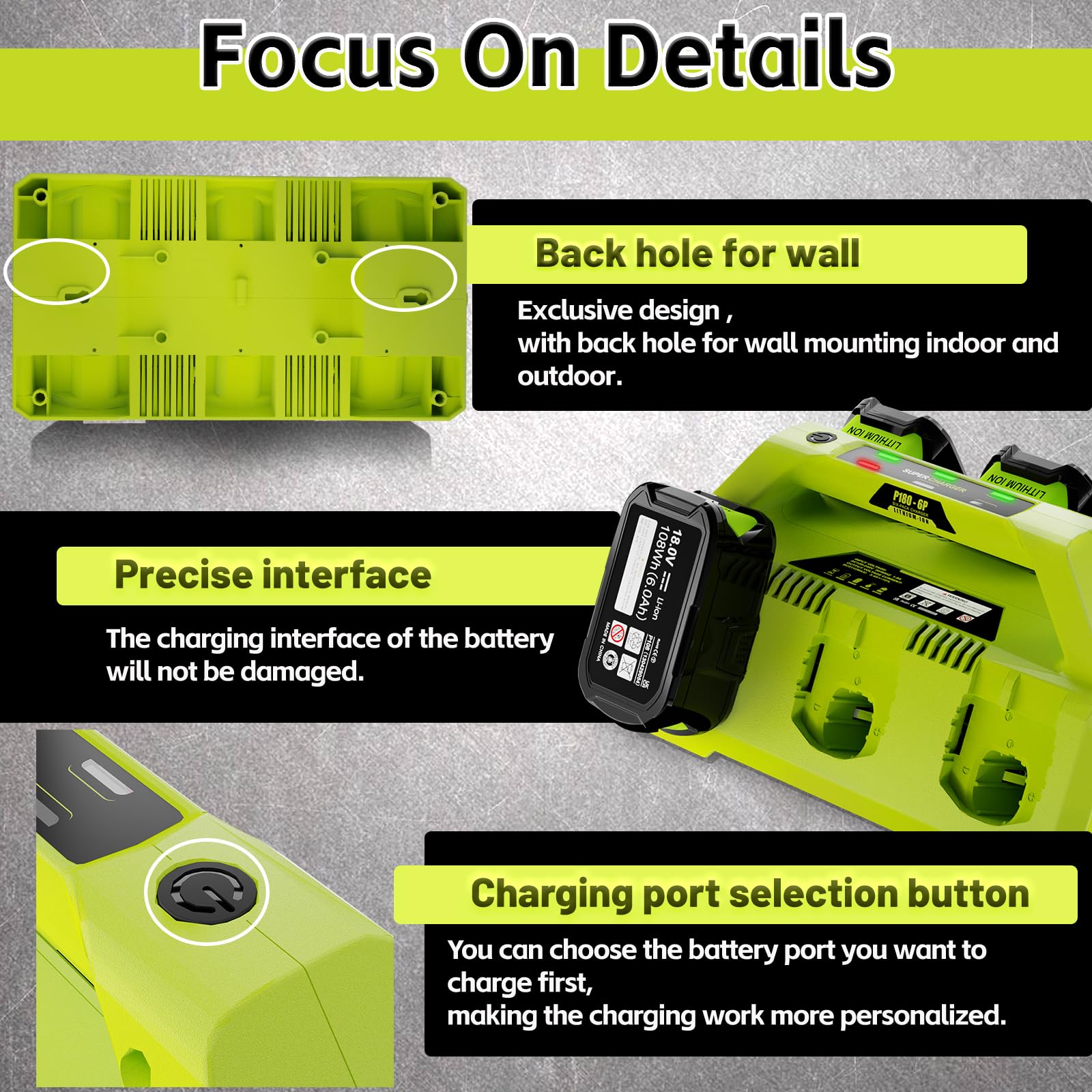 CaliHutt 【 Wall-Hole】 Replace 6 Port Chrager for P135 P117 Ryobi 18V Lithium-Ion Charger Fast Charge with Power Choose Button,6 LED Indicators