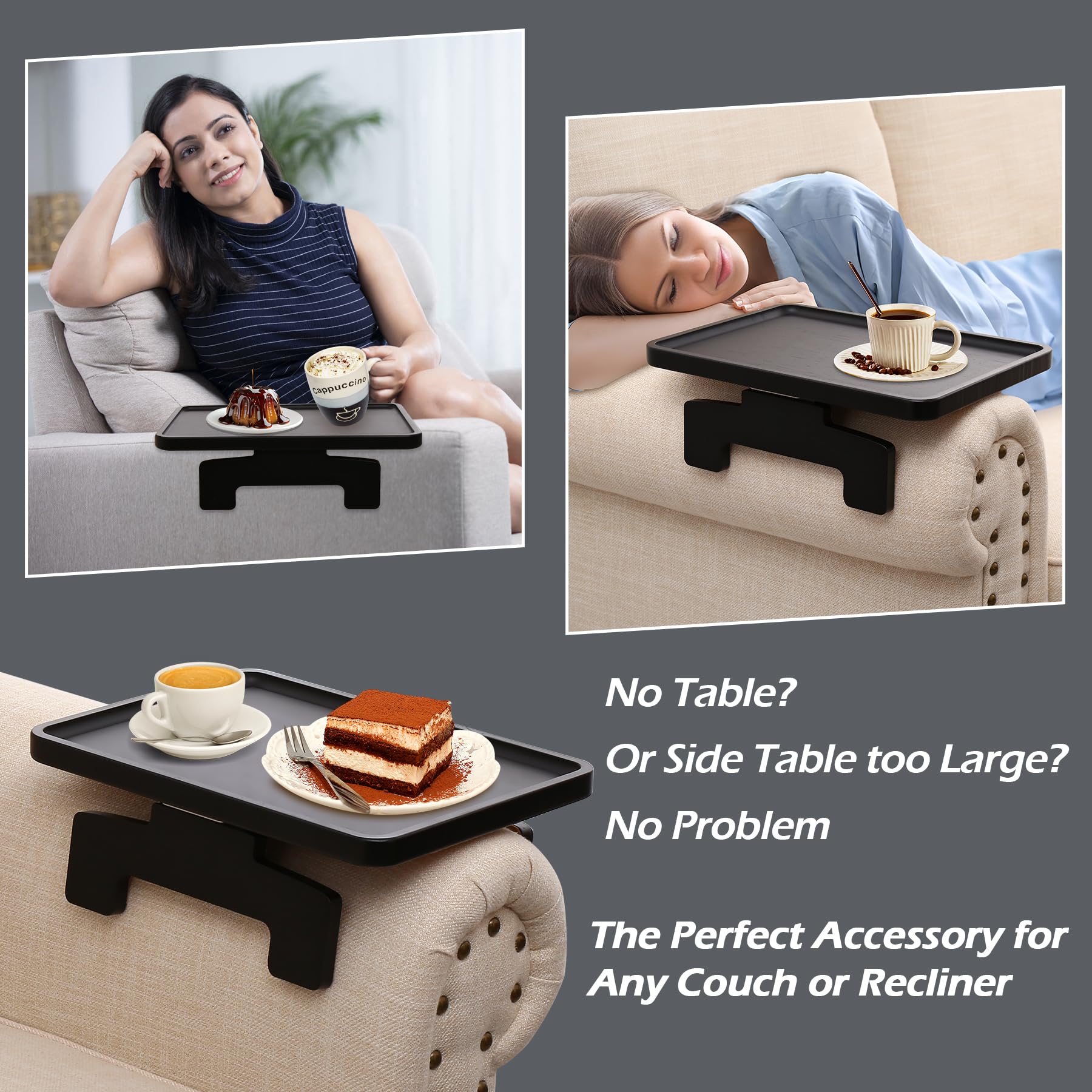 BAMBOOTRAY Clip Tray Side Table,Sofa Clip on Tray for Armrest Tray,Sofa Arm Table with Phone Holder,Couch Table for Living Room Bedroom,TV Tray Table for Eating & Drinking (Black, 13.7" D x 9.8" W)