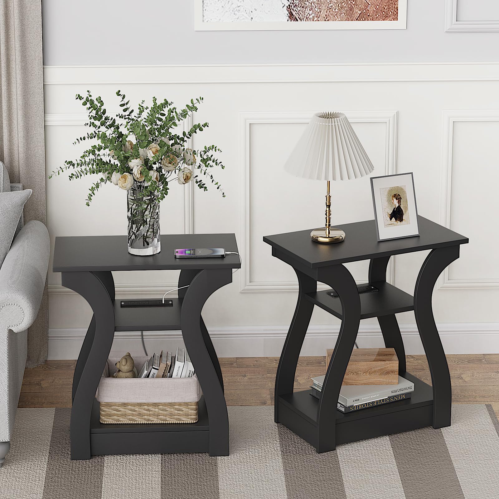 FROMJBEST End Table Set of 2 with Charging Station, Side Table with USB Ports and Outlets, Nightstand, 3 Tier End Table with Storage Shelf for Living Room, Bedroom(Black Set of 2)