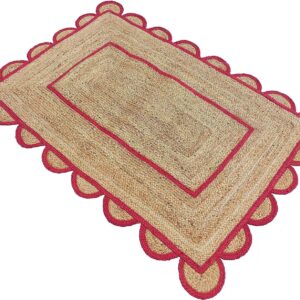 BUNDELA EXPORTS Scalloped Jute Area Rug, Floor Farmhouse Rug Natural Braided Reversible Boho Eco Large 2x12 Ft Runner Rug (RED)