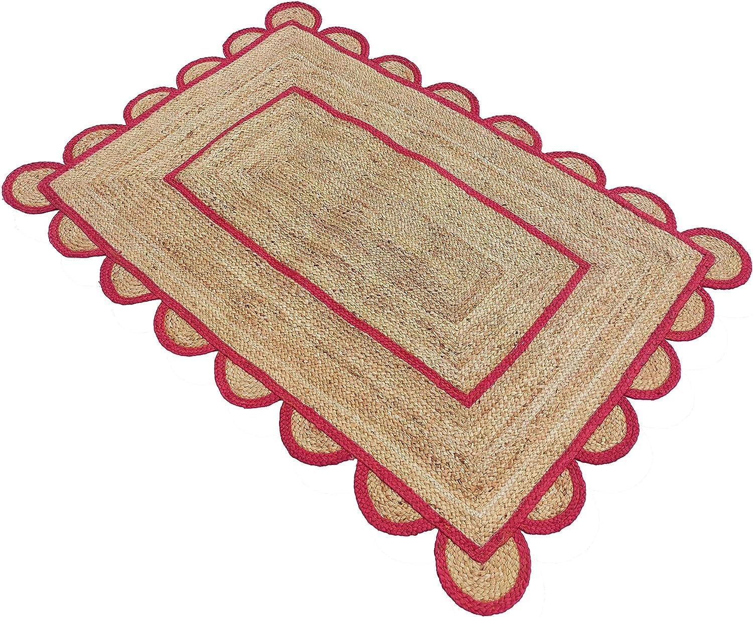 BUNDELA EXPORTS Scalloped Jute Area Rug, Floor Farmhouse Rug Natural Braided Reversible Boho Eco Large 2x12 Ft Runner Rug (RED)