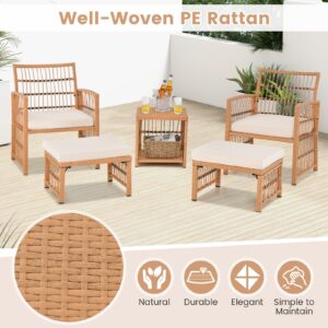 Tangkula 5 Piece Patio Wicker Sofa Set, Outdoor Rattan Conversation Set with Seat Cushions, 2-Tier Coffee Table & 2 Ottomans, Wicker Sofa Set for Backyard, Poolside (Natural)