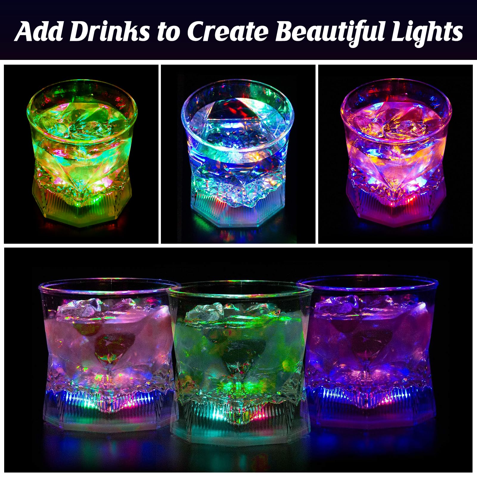 UPZAI LED Old Fashioned Glasses: 10oz Liquid Activated Multicolor Light Up Drinking Tumblers Set of 4 - Plastic Fun Cups for Water Beer Cocktail Whiskey Bar Party