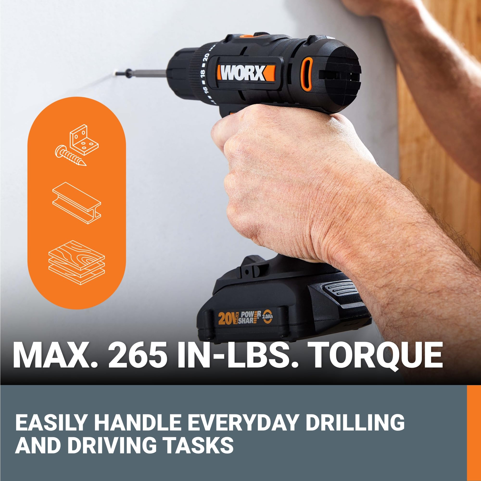 Worx 20V 3/8" Cordless Drill with 84pc Accessory Kit, Variable 2-Speed Drill Set 265 In-Lbs Torque 20+1 Clutch, Lightweight Compact Drill Driver 3/8-Inch Keyless Chuck – Battery & Charger Included