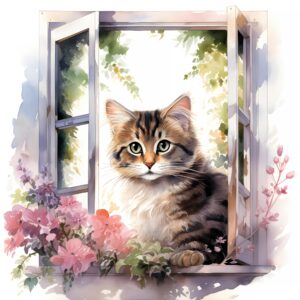 fabric panel 8"x8" kitten in window 100% cotton quilting panel square am303