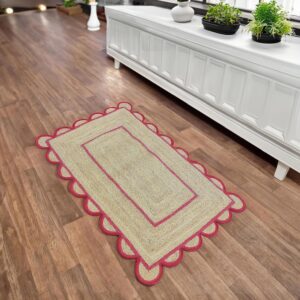 BUNDELA EXPORTS Scalloped Jute Area Rug, Floor Farmhouse Rug Natural Braided Reversible Boho Eco Large 2x12 Ft Runner Rug (RED)