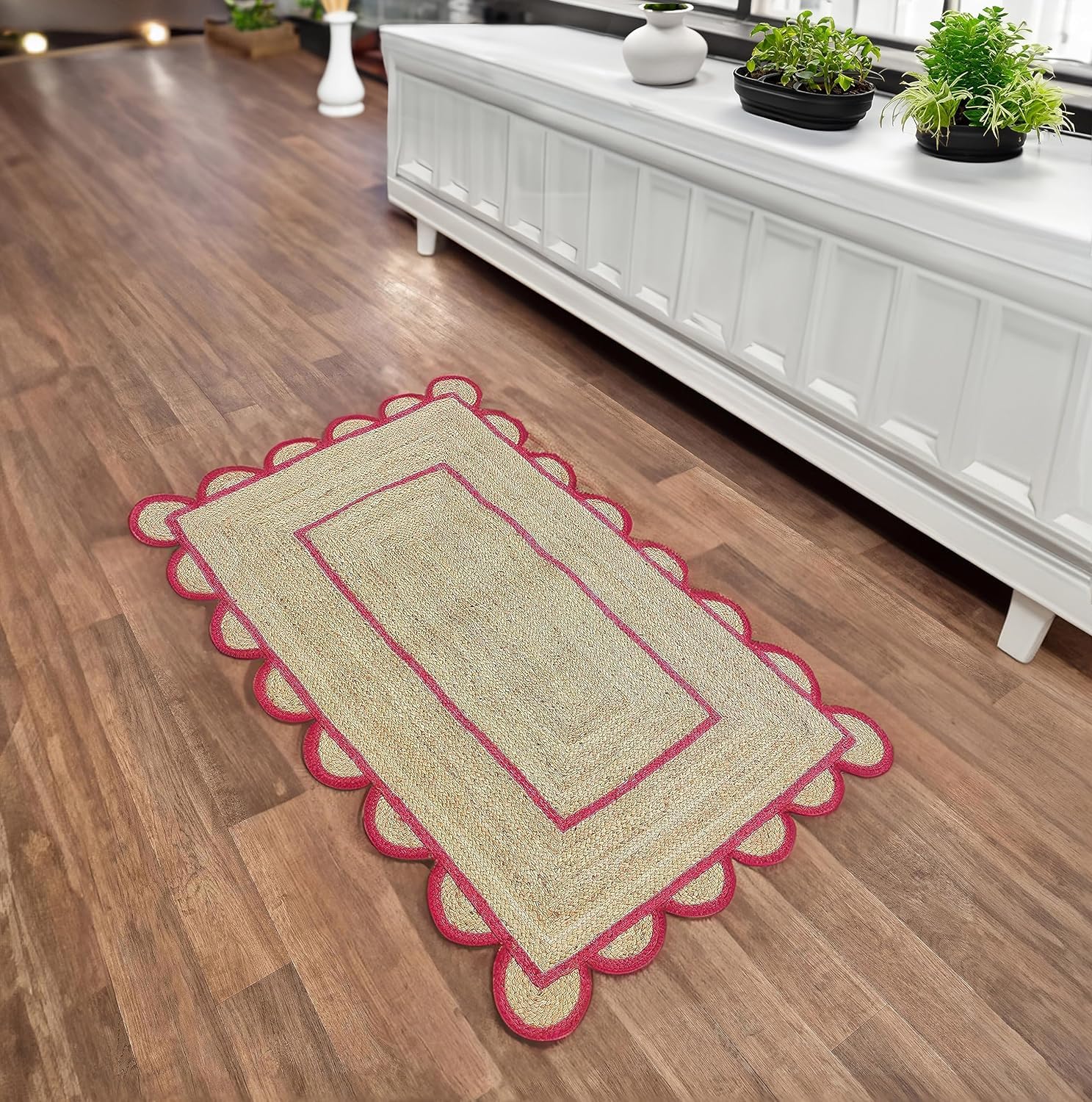 BUNDELA EXPORTS Scalloped Jute Area Rug, Floor Farmhouse Rug Natural Braided Reversible Boho Eco Large 2x12 Ft Runner Rug (RED)