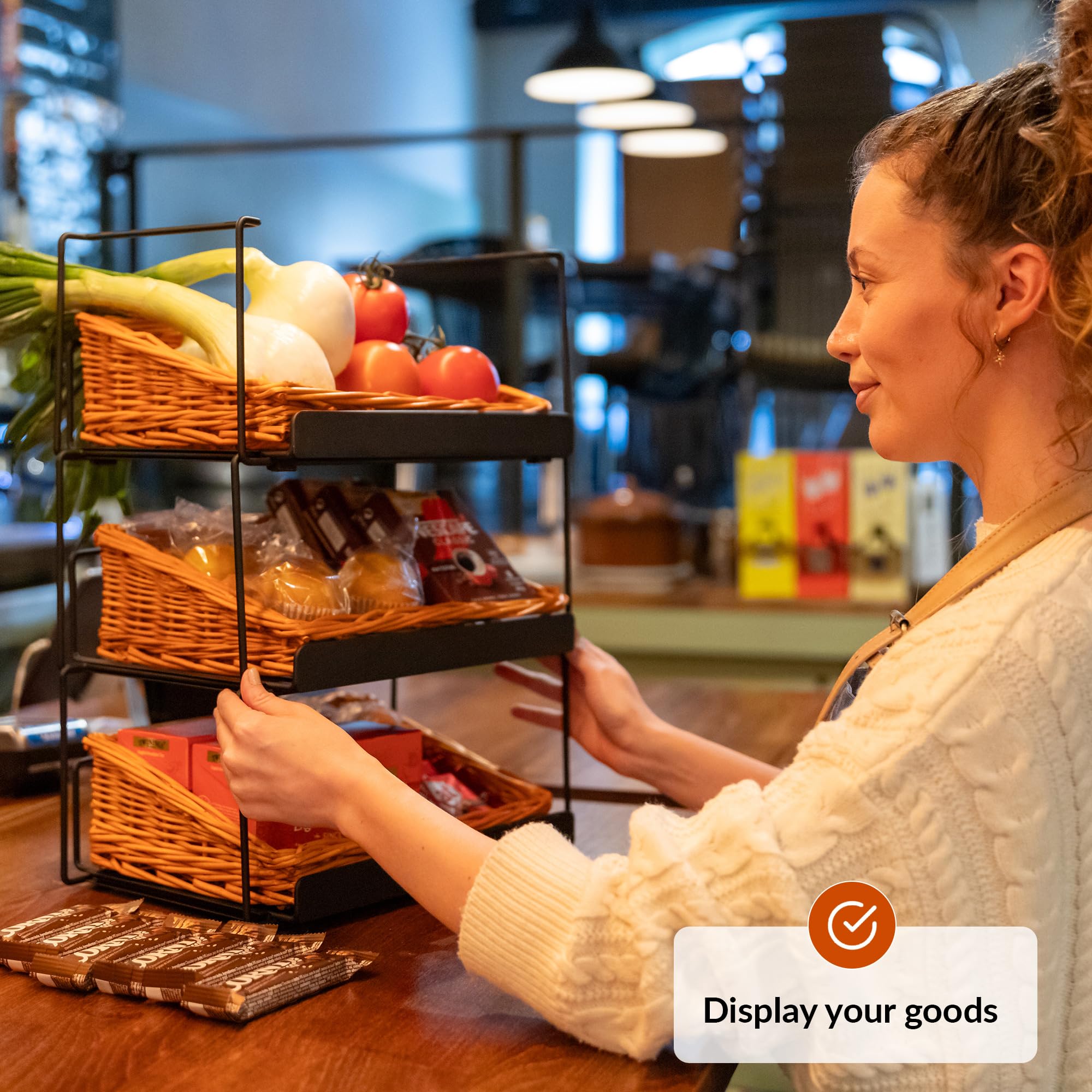 Bread Display Rack | Willow Basket Display For Kitchen Counter Storage & Bakery | Bread Organizer | Farmers Market Display | Basket For Potatoes And Onions | Fruit & Vegetables Holder