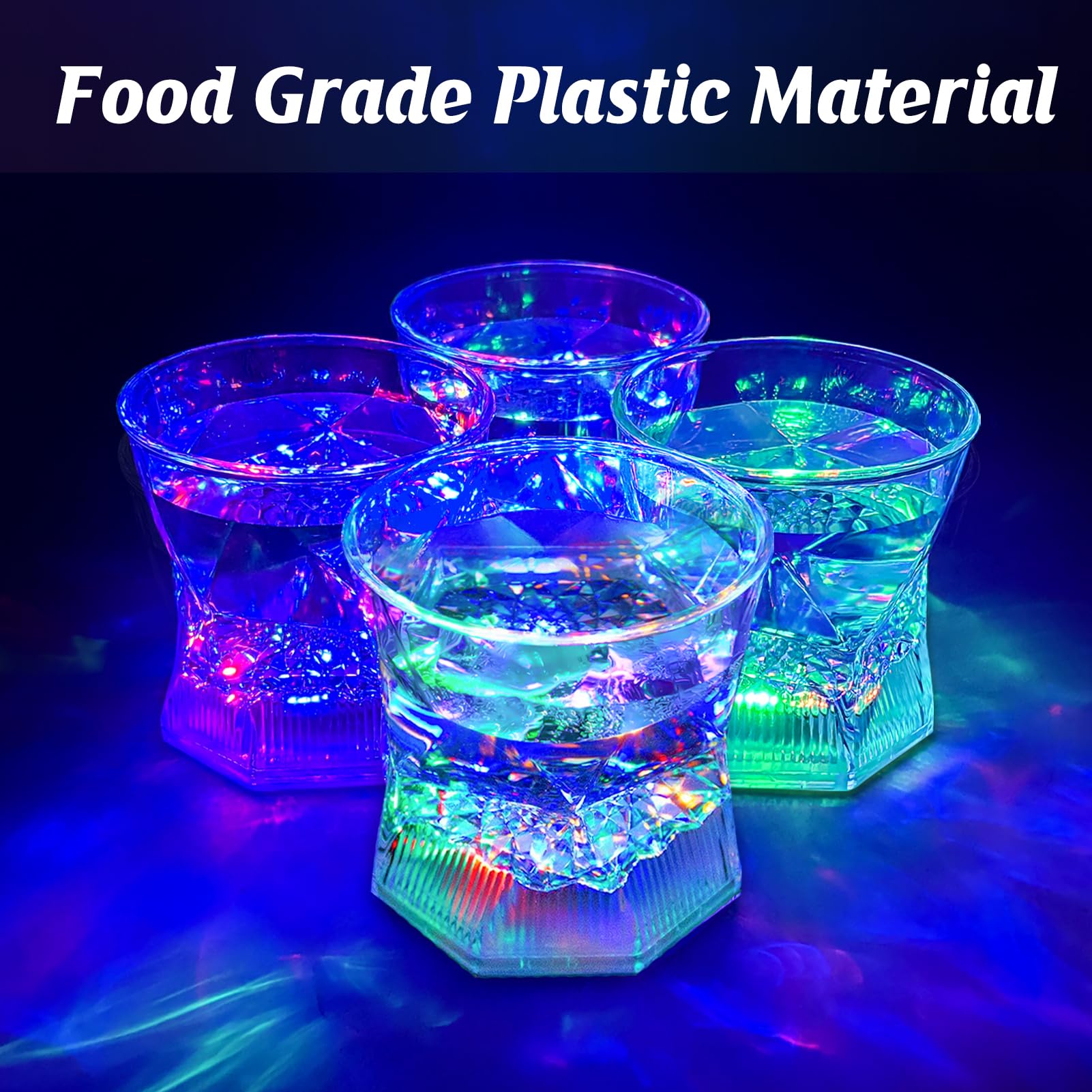 UPZAI LED Old Fashioned Glasses: 10oz Liquid Activated Multicolor Light Up Drinking Tumblers Set of 4 - Plastic Fun Cups for Water Beer Cocktail Whiskey Bar Party