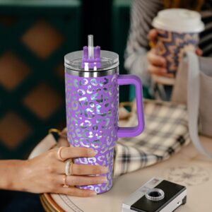 sweet grain 40 oz Tumbler with Handle and Straw, Stainless Steel Purple Leopard Print Tumbler with Handle, Double Vacuum Leopard Cup, Keeps Drinks Cold Up to 24 Hours