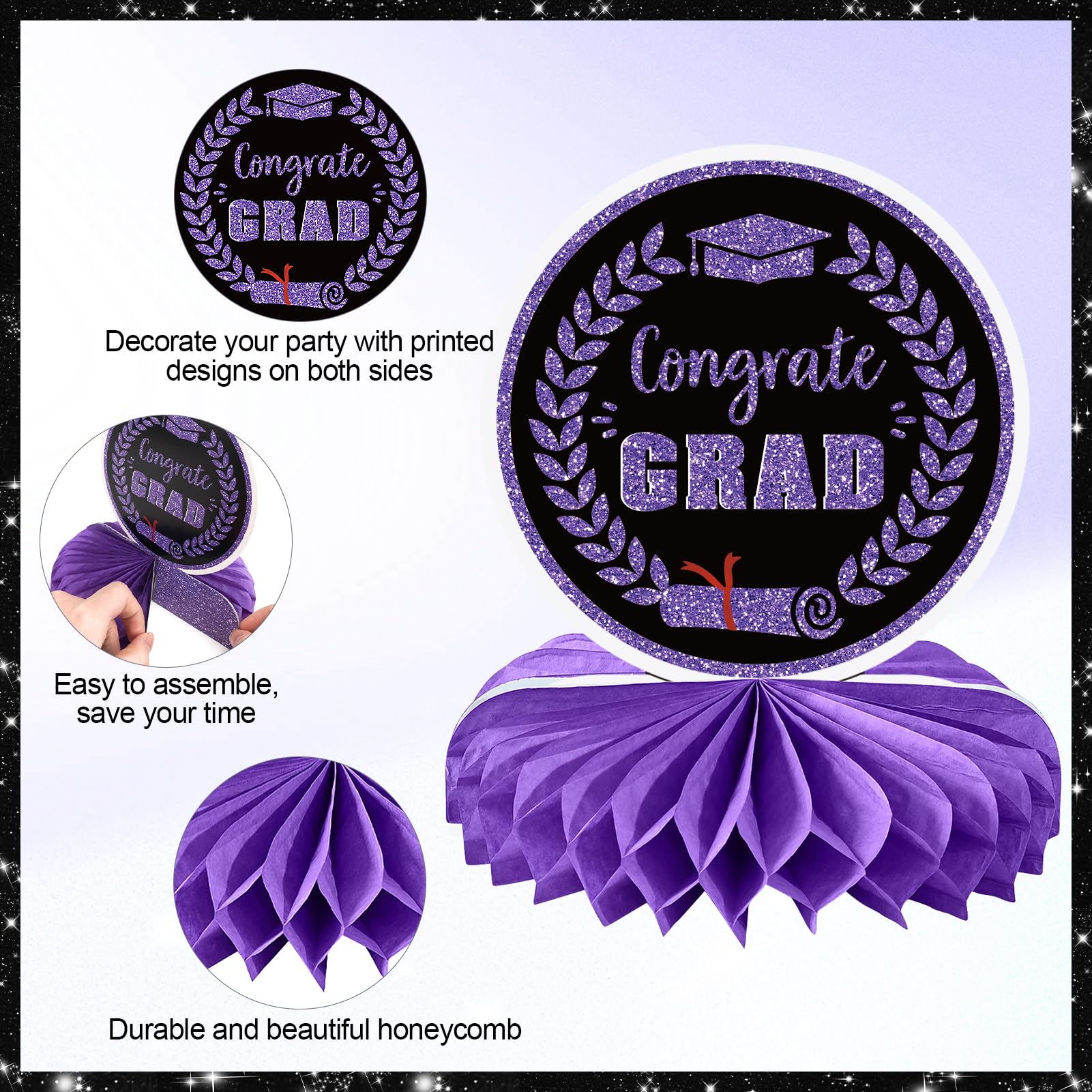 12PCS Graduation Decorations Class of 2024, Congrats Grad Table Centerpieces Graduation Honeycomb Centerpieces Grad Party Centerpieces 2024 Graduation Decorations for Party, Purple