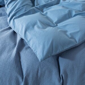 HoneiLife Waffle Weave Comforter Cover - Cotton Duvet Cover Sets Queen Size, Skin Friendly Bedlinen Set for All Season Use- Blue