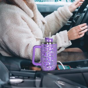 sweet grain 40 oz Tumbler with Handle and Straw, Stainless Steel Purple Leopard Print Tumbler with Handle, Double Vacuum Leopard Cup, Keeps Drinks Cold Up to 24 Hours