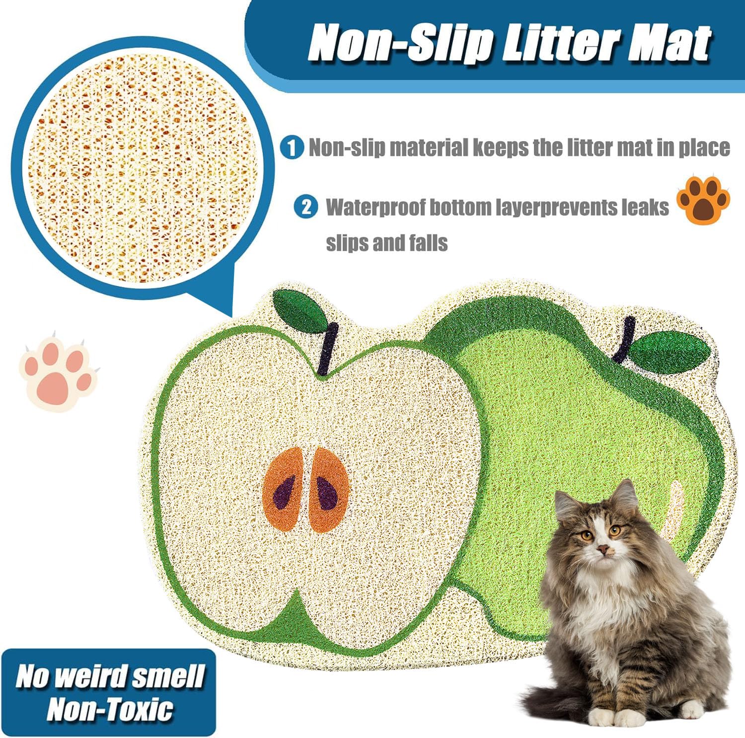 JSNTORIH Cute Cat Litter Trapping Mat 24”x16”, Traps Mess from Litter Box and Pet Food Bowl, Soft on Kitty Paws, Easy Clean, Kitten Litter Box Mat (Apple)…