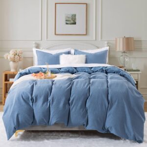 HoneiLife Waffle Weave Comforter Cover - Cotton Duvet Cover Sets Queen Size, Skin Friendly Bedlinen Set for All Season Use- Blue