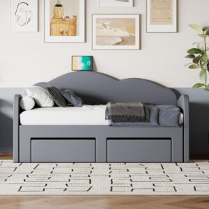 XD Designs Elegant Twin to King Size Upholstered Daybed with Extendable Trundle and 2 Drawers, Velvet Upholstery Daybed Sofa Bed with Cloud-Shaped Backrest, Maximize Space (Grey-VL)