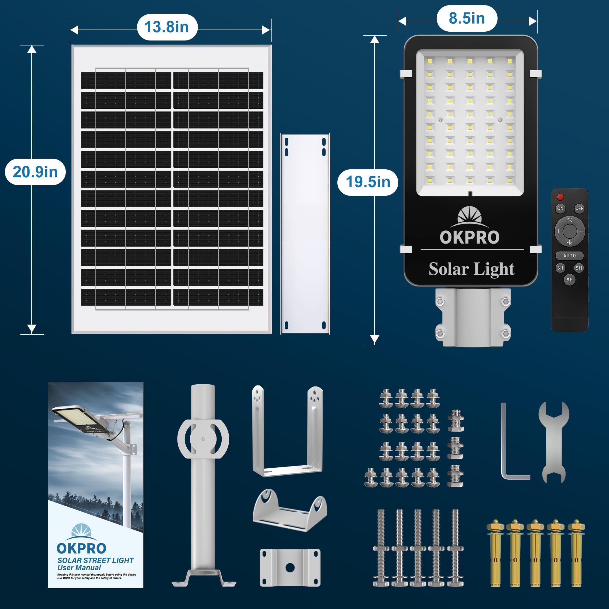 OKPRO 2PACK 8000W Solar Street Lights Outdoor, 7000K Solar Street Light Dusk to Dawn, Heavy Duty Outdoor Solar Lights, Wide Angle Solar Street Lights for Outside with Remote Control, IP66 Waterproof