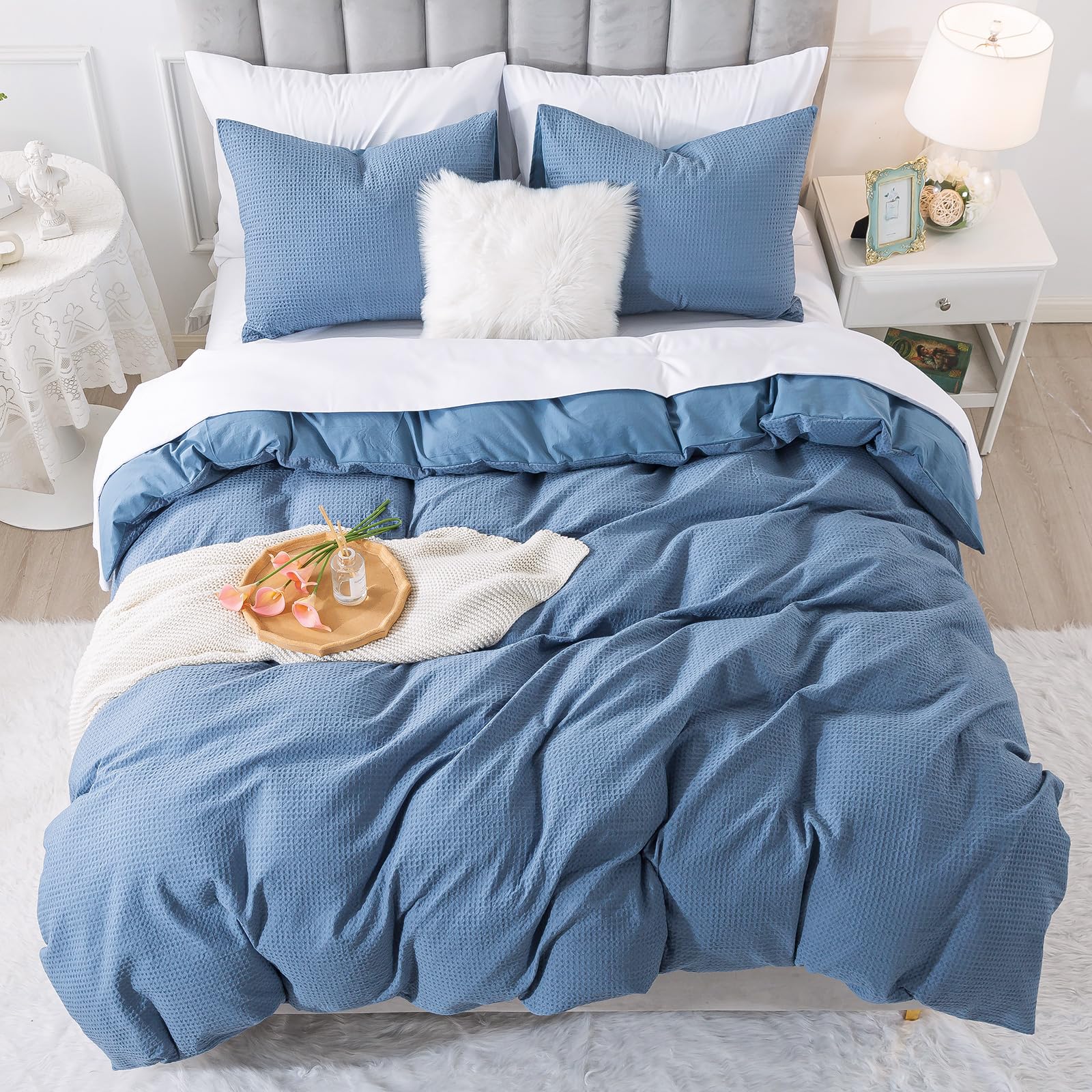 HoneiLife Waffle Weave Comforter Cover - Cotton Duvet Cover Sets Queen Size, Skin Friendly Bedlinen Set for All Season Use- Blue