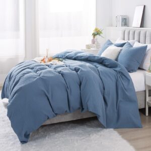 HoneiLife Waffle Weave Comforter Cover - Cotton Duvet Cover Sets Queen Size, Skin Friendly Bedlinen Set for All Season Use- Blue