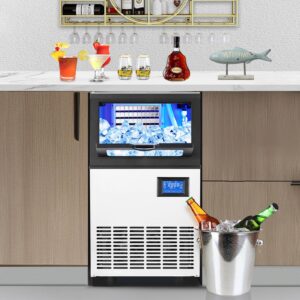 Commercial Ice Maker Machine, Freestanding/Under Counter Stainless Steel Ice Machine, 90Lbs/24 Hour with 30Lbs Ice Storage Capacity, Self Cleaning, Ideal for Restaurant/Bar/Cafe/Shop/Home/Office