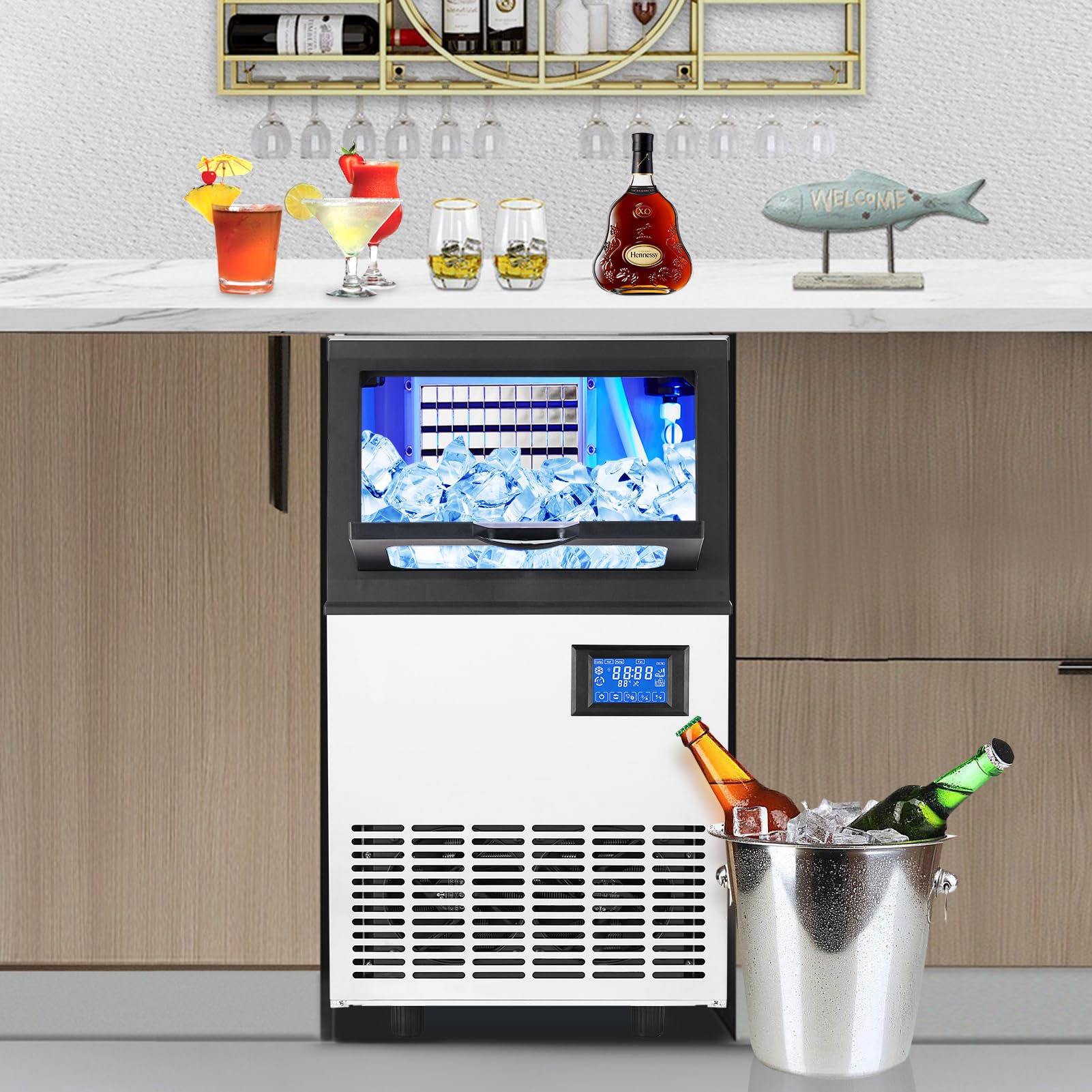 Commercial Ice Maker Machine, Freestanding/Under Counter Stainless Steel Ice Machine, 90Lbs/24 Hour with 30Lbs Ice Storage Capacity, Self Cleaning, Ideal for Restaurant/Bar/Cafe/Shop/Home/Office