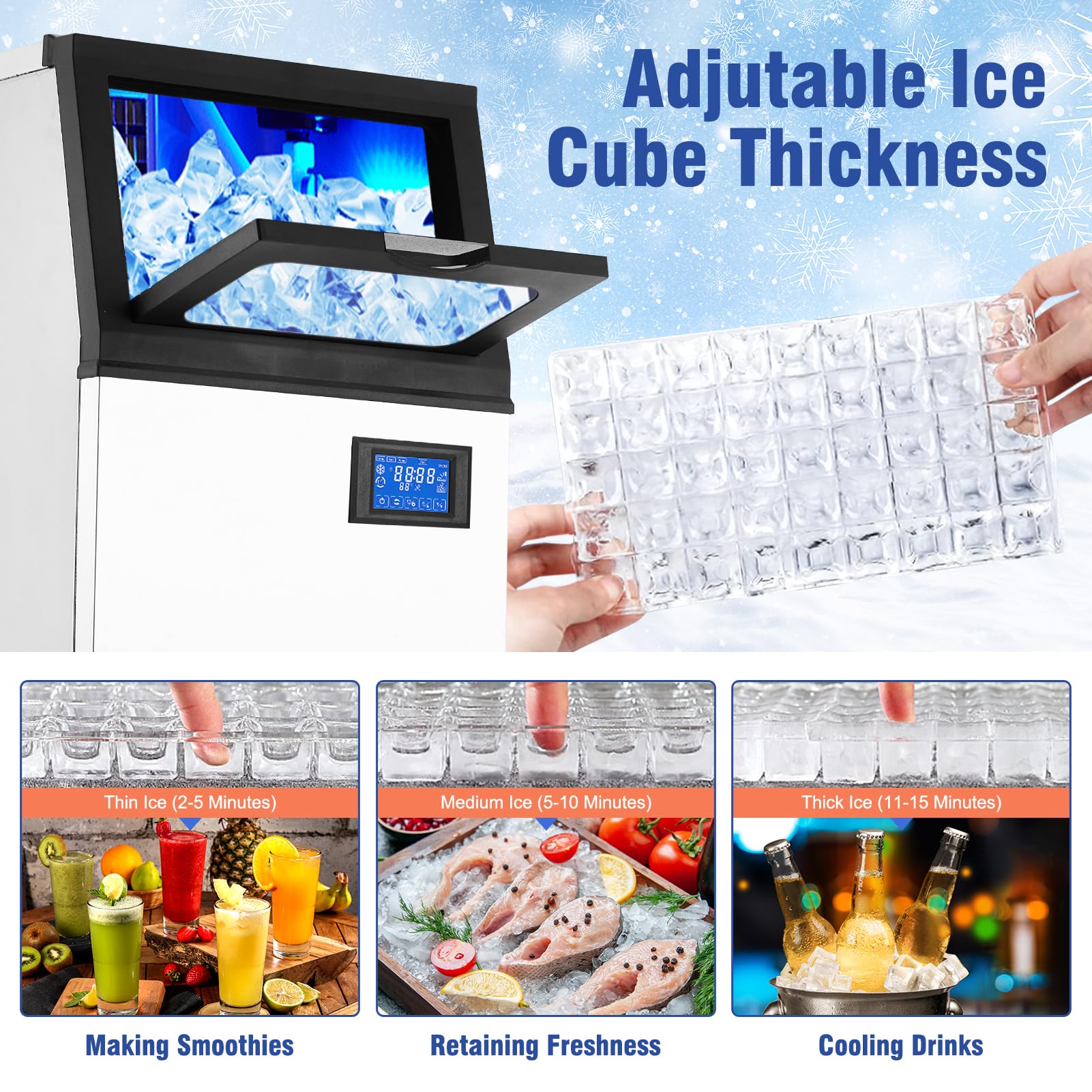 Commercial Ice Maker Machine, Freestanding/Under Counter Stainless Steel Ice Machine, 90Lbs/24 Hour with 30Lbs Ice Storage Capacity, Self Cleaning, Ideal for Restaurant/Bar/Cafe/Shop/Home/Office