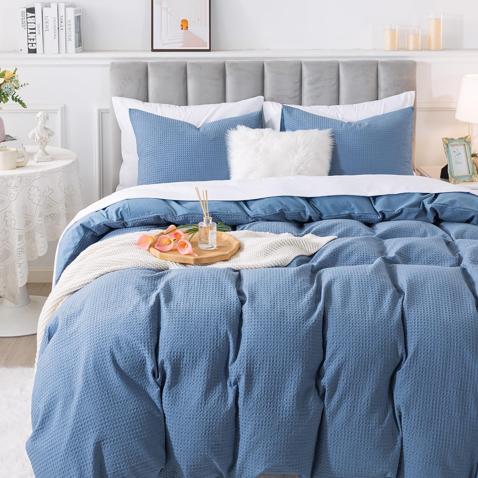 HoneiLife Waffle Weave Comforter Cover - Cotton Duvet Cover Sets Queen Size, Skin Friendly Bedlinen Set for All Season Use- Blue