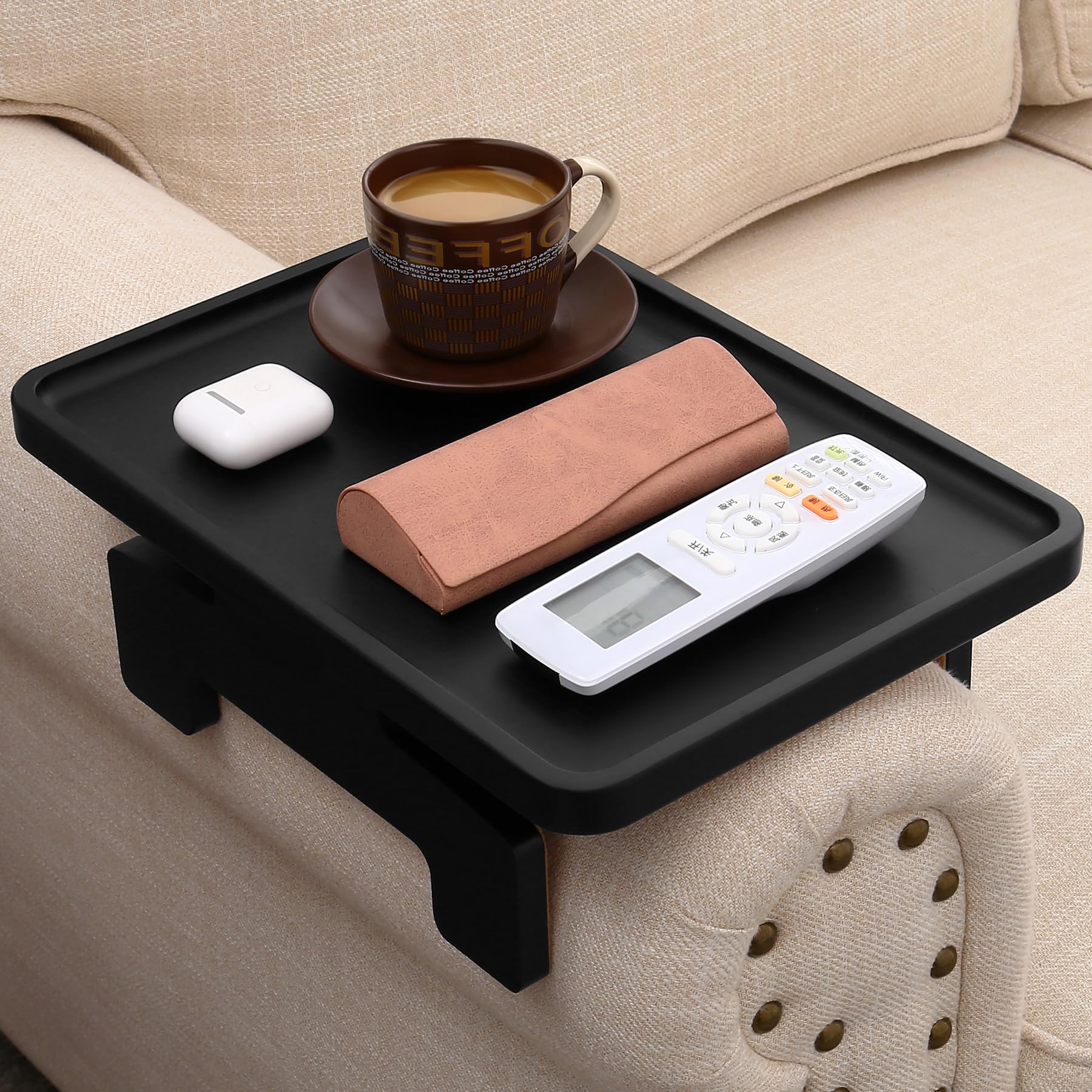 BAMBOOTRAY Clip Tray Side Table,Sofa Clip on Tray for Armrest Tray,Sofa Arm Table with Phone Holder,Couch Table for Living Room Bedroom,TV Tray Table for Eating & Drinking (Black, 13.7" D x 9.8" W)