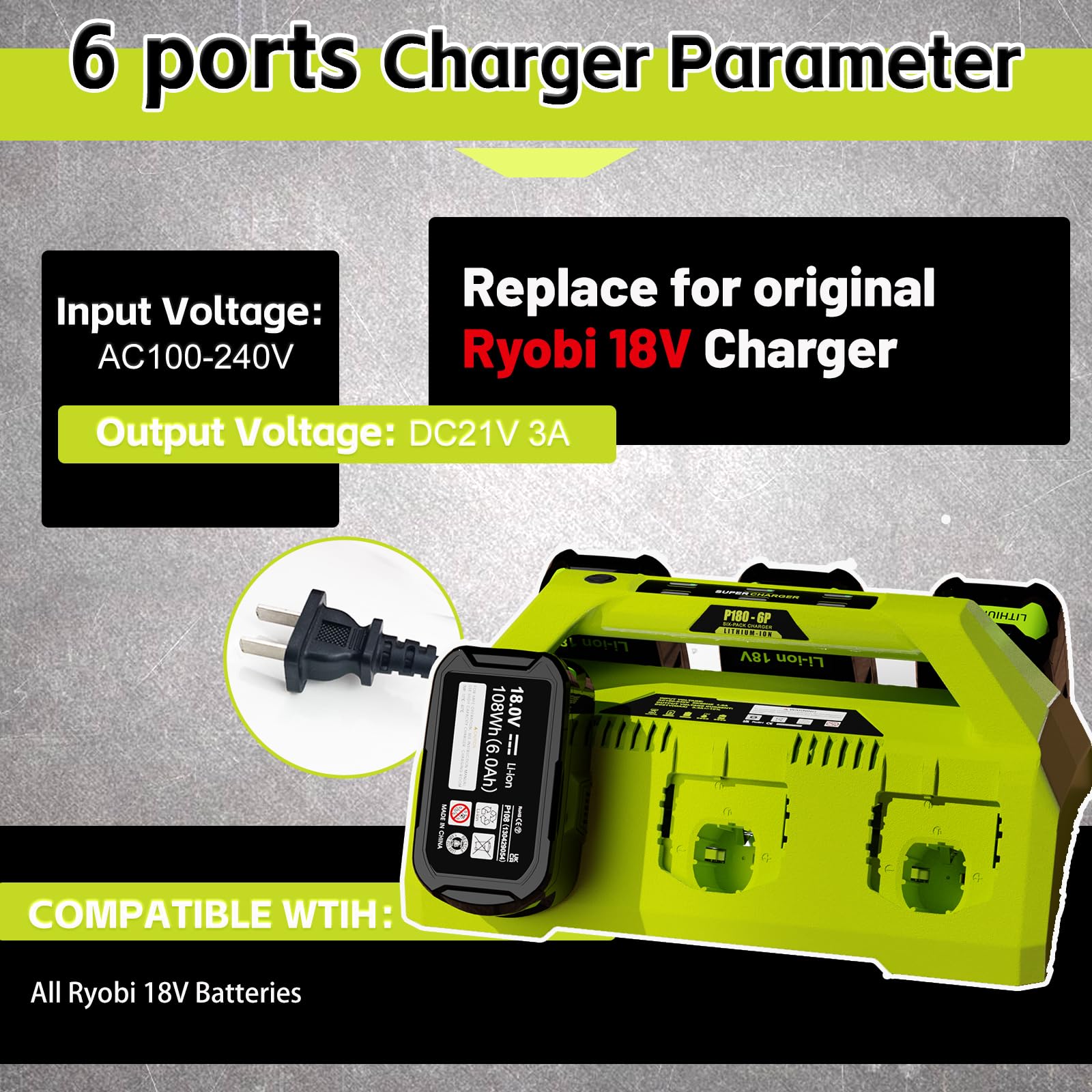 CaliHutt 【 Wall-Hole】 Replace 6 Port Chrager for P135 P117 Ryobi 18V Lithium-Ion Charger Fast Charge with Power Choose Button,6 LED Indicators