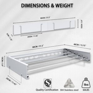 GOOUQA Clothes Drying Rack Collapsible Wall Mounted, 31.5" Wide Space Saving Retractable Drying Rack Laundry Clothing with Wall Template, 13.2 Linear Ft, 60 lb Capacity, White