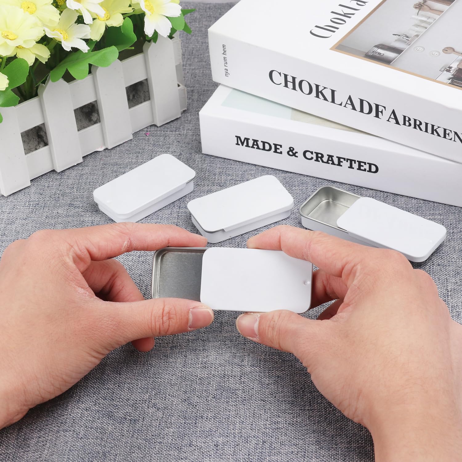 GENHAKON 50 PCS 2.36X1.3X0.43 Inch, Slide Top Tin Containers for Lip Balm, Rectangular Metal Tin Box with Sliding Lid for Small Items, Such as Candy, Charging cable, Pills, Earring, Jewelry, Etc